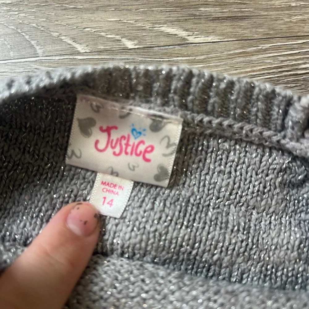 Justice Sweater‎ Girls 14 Grey Sequin Metallic Knit High-Low Long Sleeve Sparkly